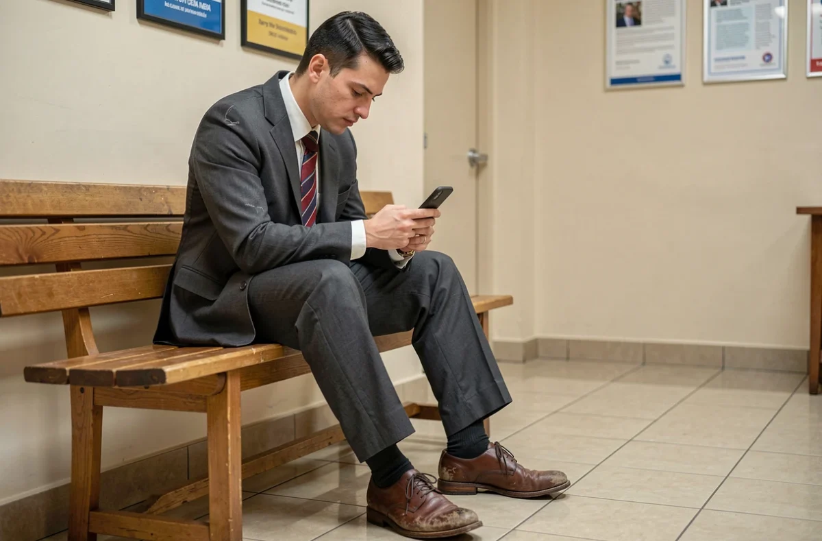 Homme en costume mal ajusté dans une salle d'attente de mairie, erreur vestimentaire pour mariage civil