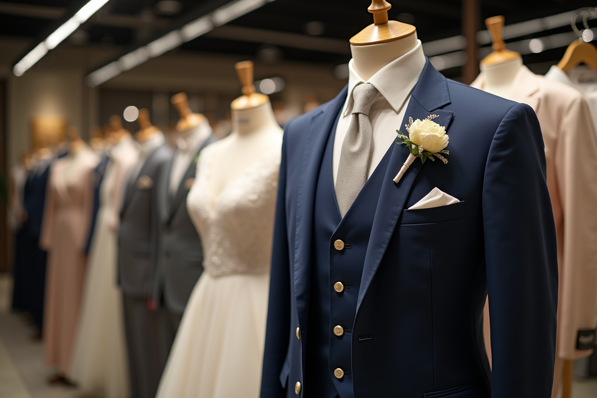 Costume de mariage sur un mannequin avec étiquette dans un magasin moderne