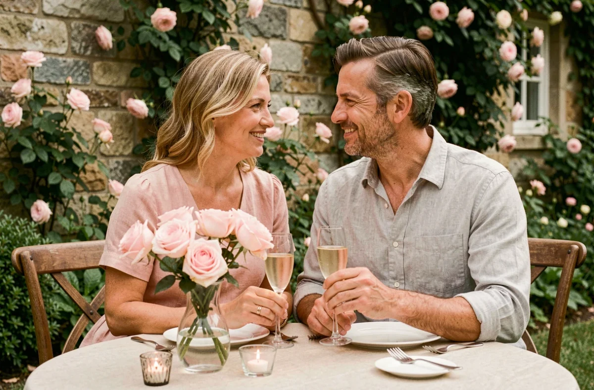 Couple célébrant 17 ans de mariage aux noces de rose dans un jardin fleuri avec des roses roses et des coupes de champagne