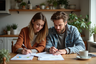 Couple dans la cuisine examine des factures