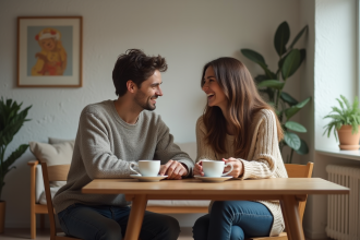 Couple d adultes assis à une table en bois partageant un café