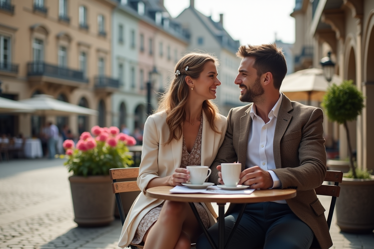 Jeune couple au café dans une ville européenne