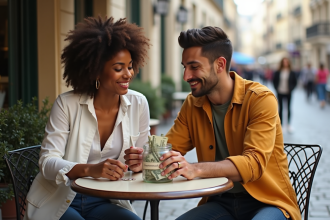 Jeune couple interracial au café à Paris avec fonds de rue