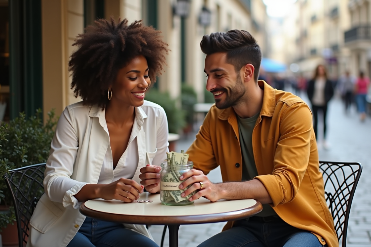 Jeune couple interracial au café à Paris avec fonds de rue