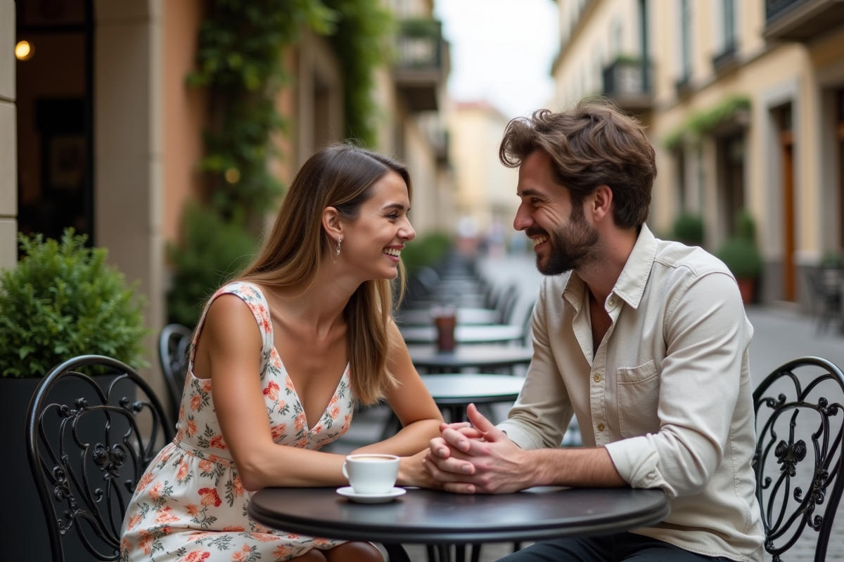 Jeune couple riant au café en ville lors d