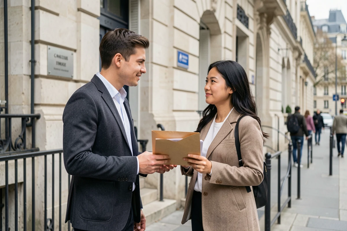Couple devant un consulat français tenant des documents pour une demande de visa mariage
