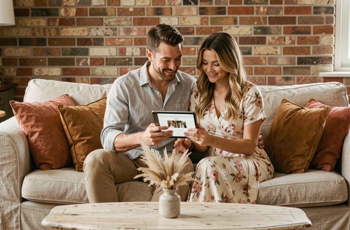 Couple consultant leur site de mariage sur une tablette dans un salon chaleureux et décoré