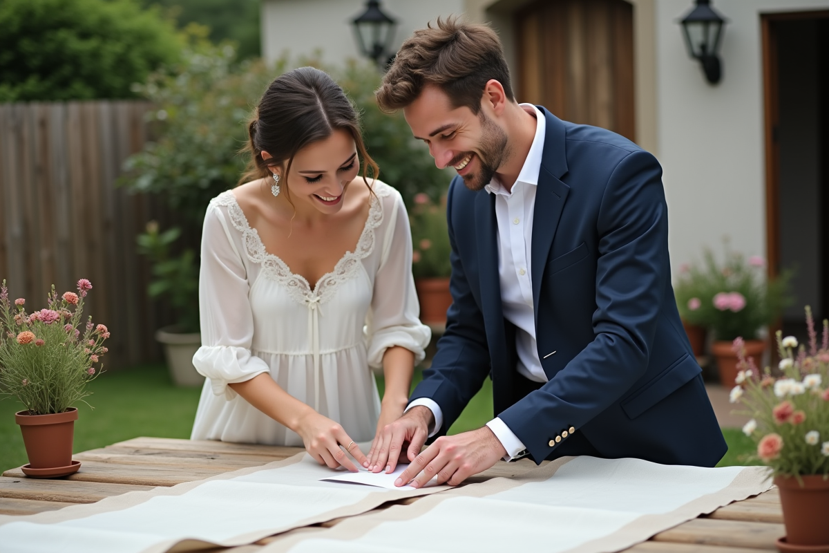 Jeune couple arrangeant décorations de mariage en extérieur