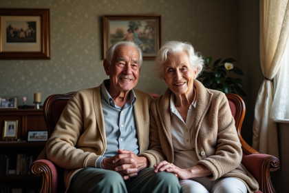 Couple de seniors souriants dans un salon chaleureux