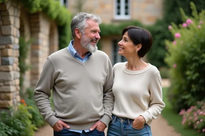 Couple d'&acirc;ge moyen dans un jardin fran&ccedil;ais ensoleille