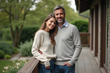 Jeune couple souriant sur un balcon avec jardin verdoyant