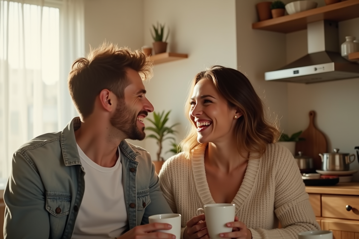 Couple souriant partageant un café à la maison dans une cuisine lumineuse