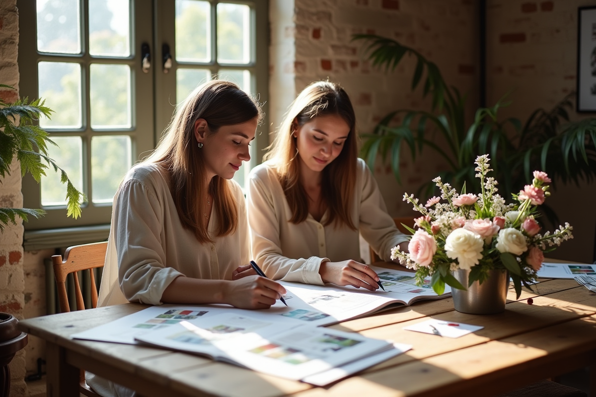 Couple regardant des planches d'inspiration mariage avec fleurs et échantillons