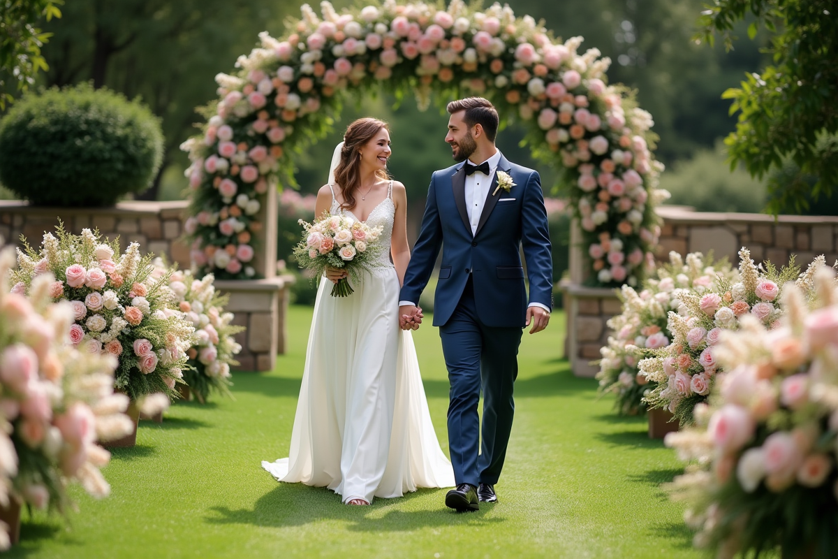 Couple marchant dans un jardin avec fleurs colorées