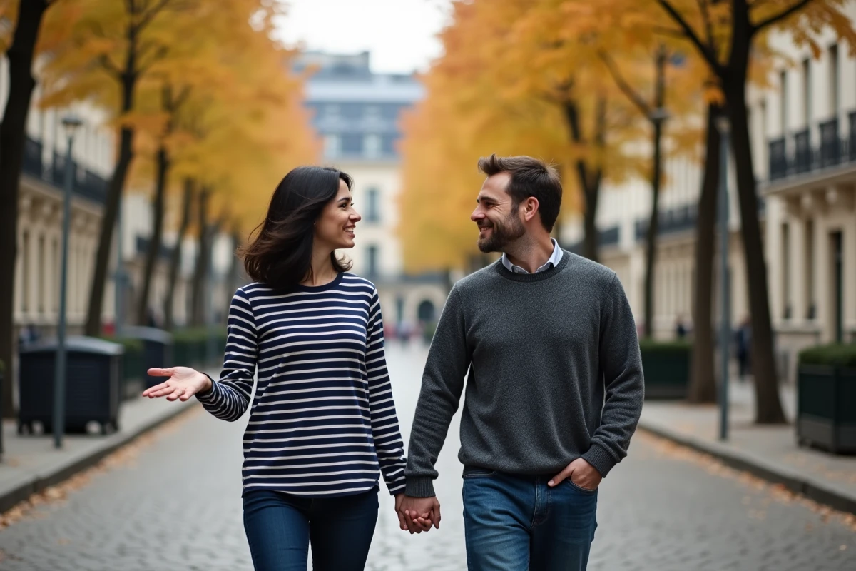 Couple se promenant dans les rues de Paris en automne, complicité et vie hors des projecteurs