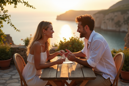 Jeune couple de lune de miel souriant avec carte sur terrasse