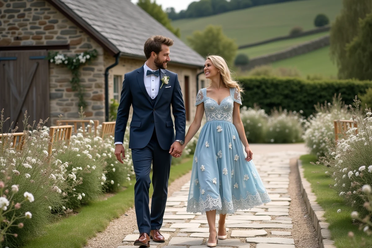 Couple main dans la main dans un jardin rural