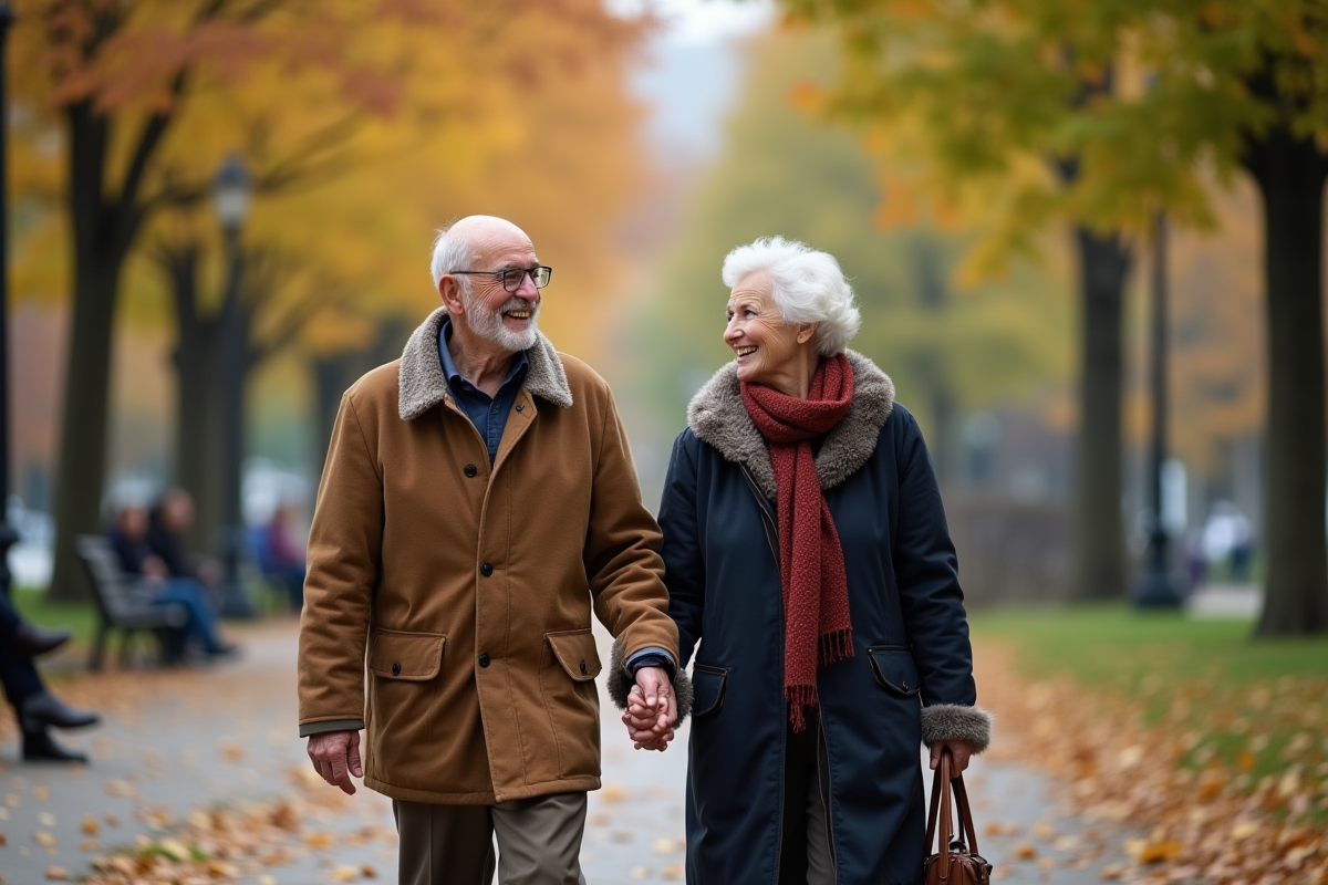 Couple âgé marchant dans un parc urbain en souriant
