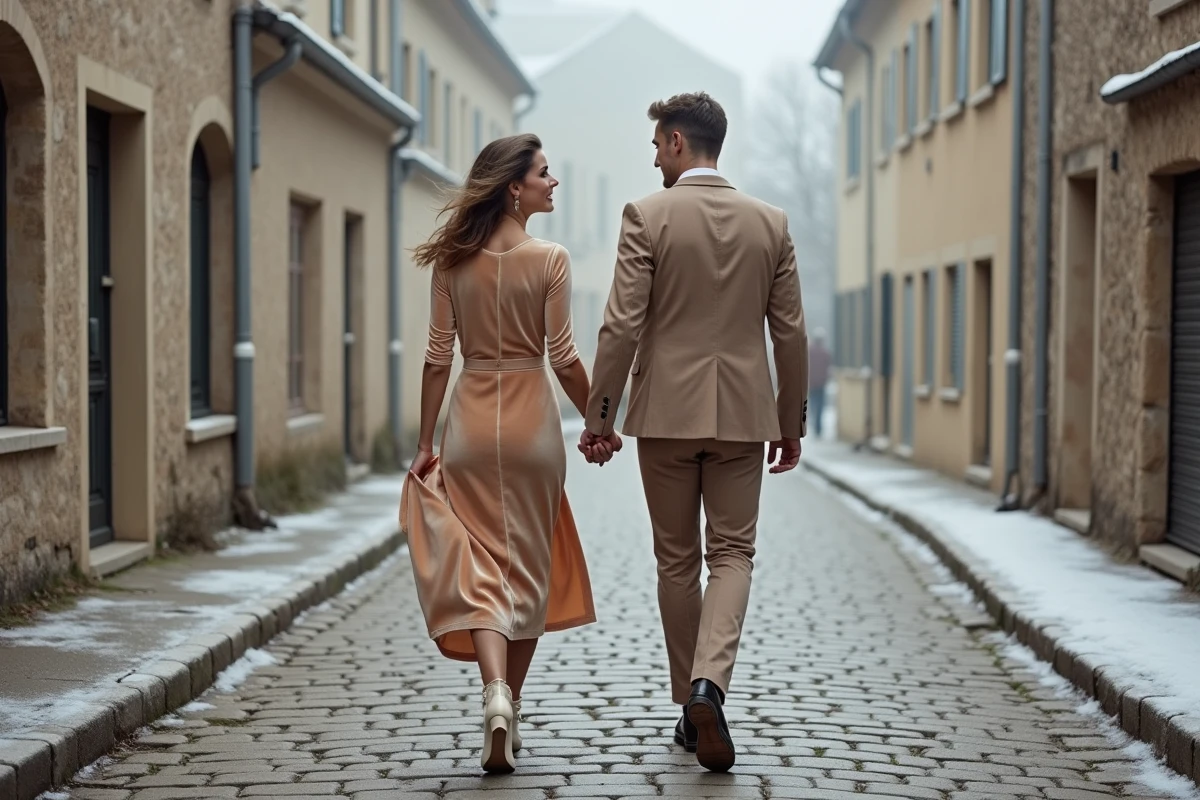 Couple de mariés marchant sur un chemin pavé de village français en hiver, la mariée en robe velours champagne pour un mariage civil simple