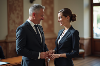 Couple marié échangeant des alliances lors d'une cérémonie civile