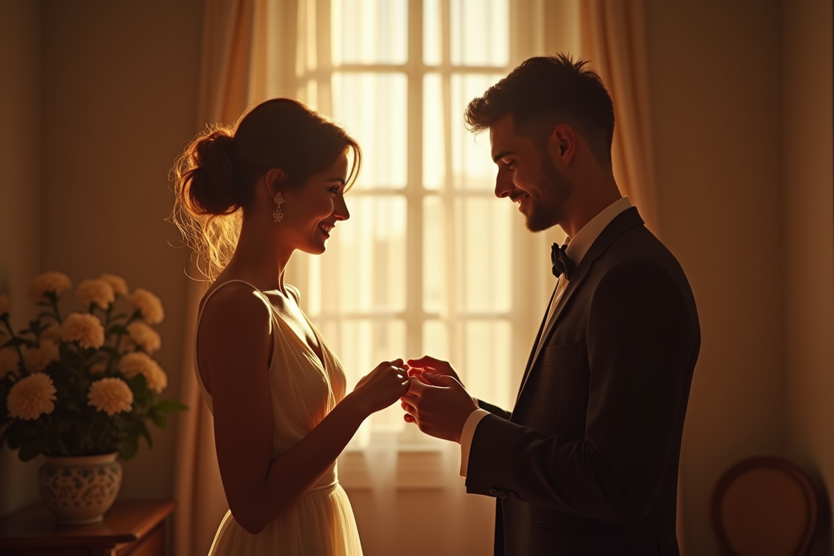 Couple échangeant discrètement des alliances dans une pièce lumineuse