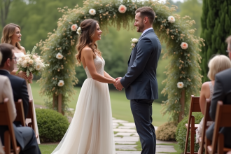 Jeune couple souriant lors de leur mariage en plein air