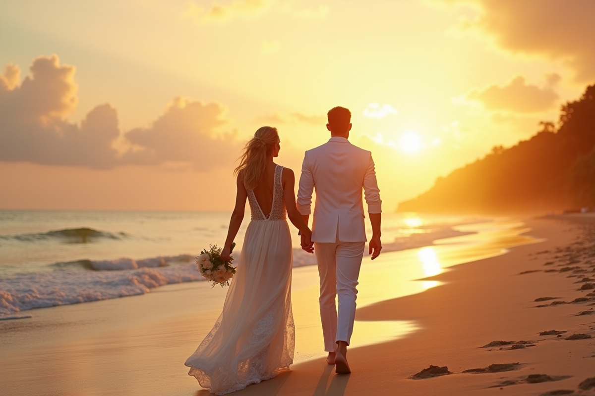 Couple marié marchant sur la plage tropicale au lever du soleil