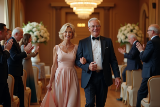 Couple élégant entrant dans la salle de mariage