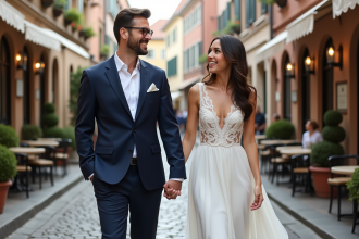 Couple heureux en mariage dans une ville romantique