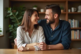 Couple marié souriant ensemble à table dans un intérieur chaleureux, illustrant la complicité d'une relation durable