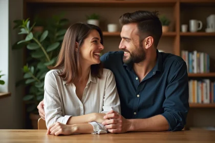 Couple marié souriant ensemble à table dans un intérieur chaleureux, illustrant la complicité d'une relation durable