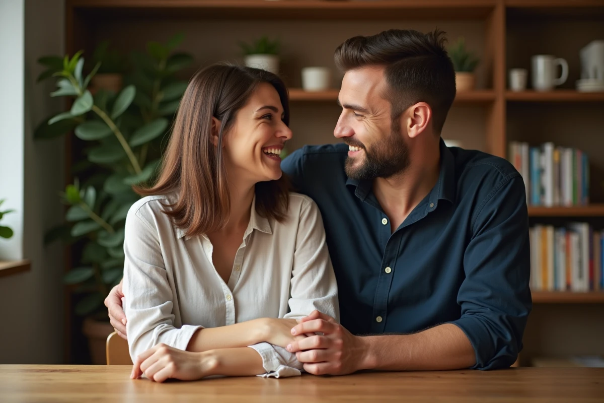 Couple marié souriant ensemble à table dans un intérieur chaleureux, illustrant la complicité d'une relation durable