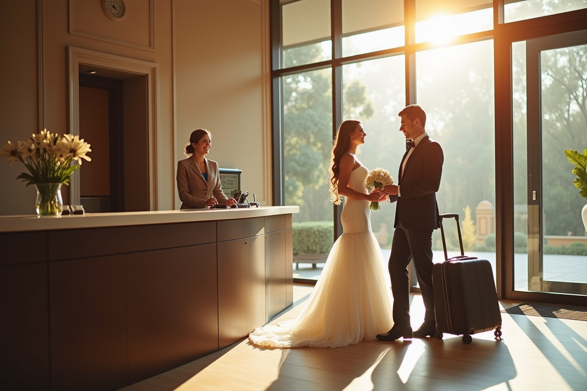 Jeune couple marié check-in à l'hôtel de luxe