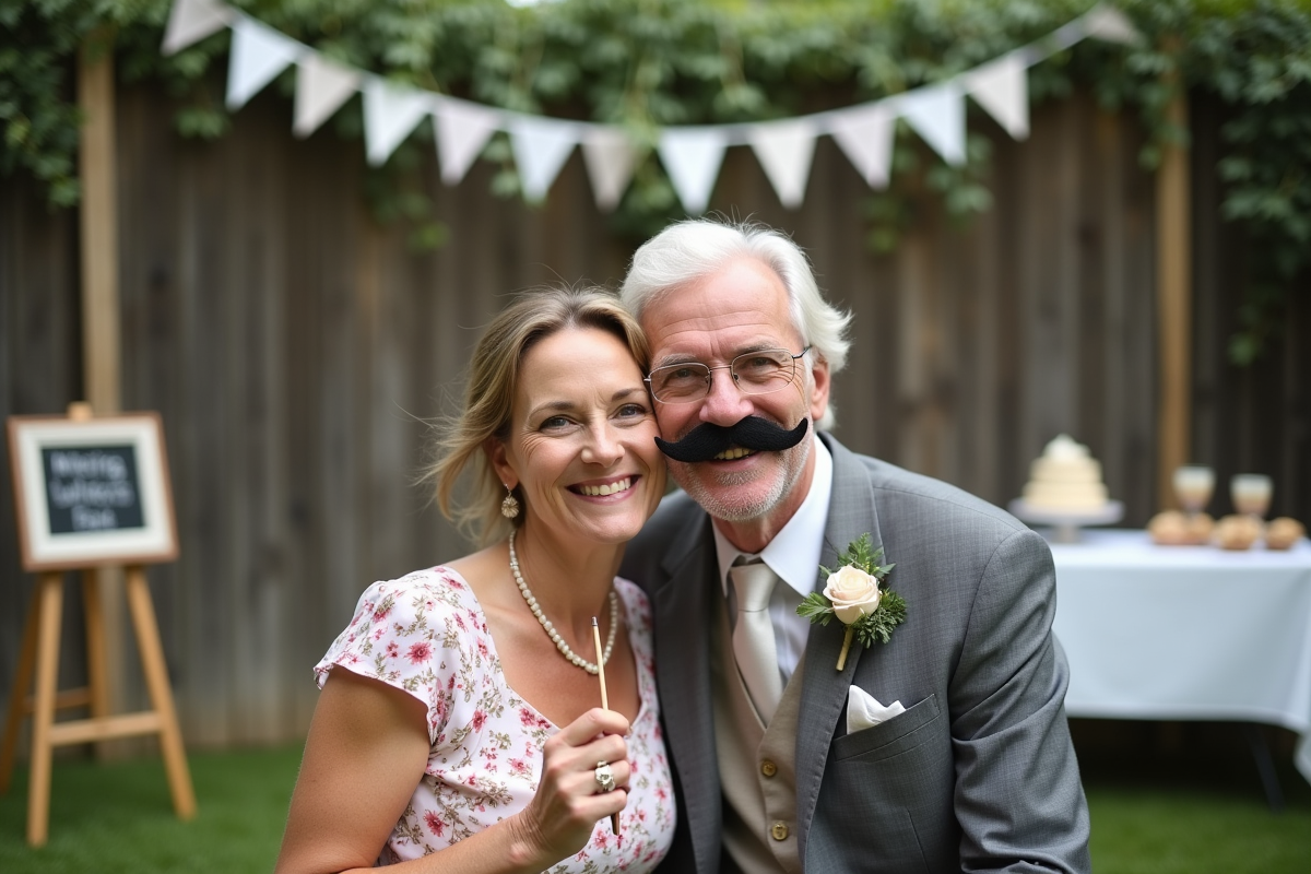 Vieux couple marié posant avec moustache en extérieur