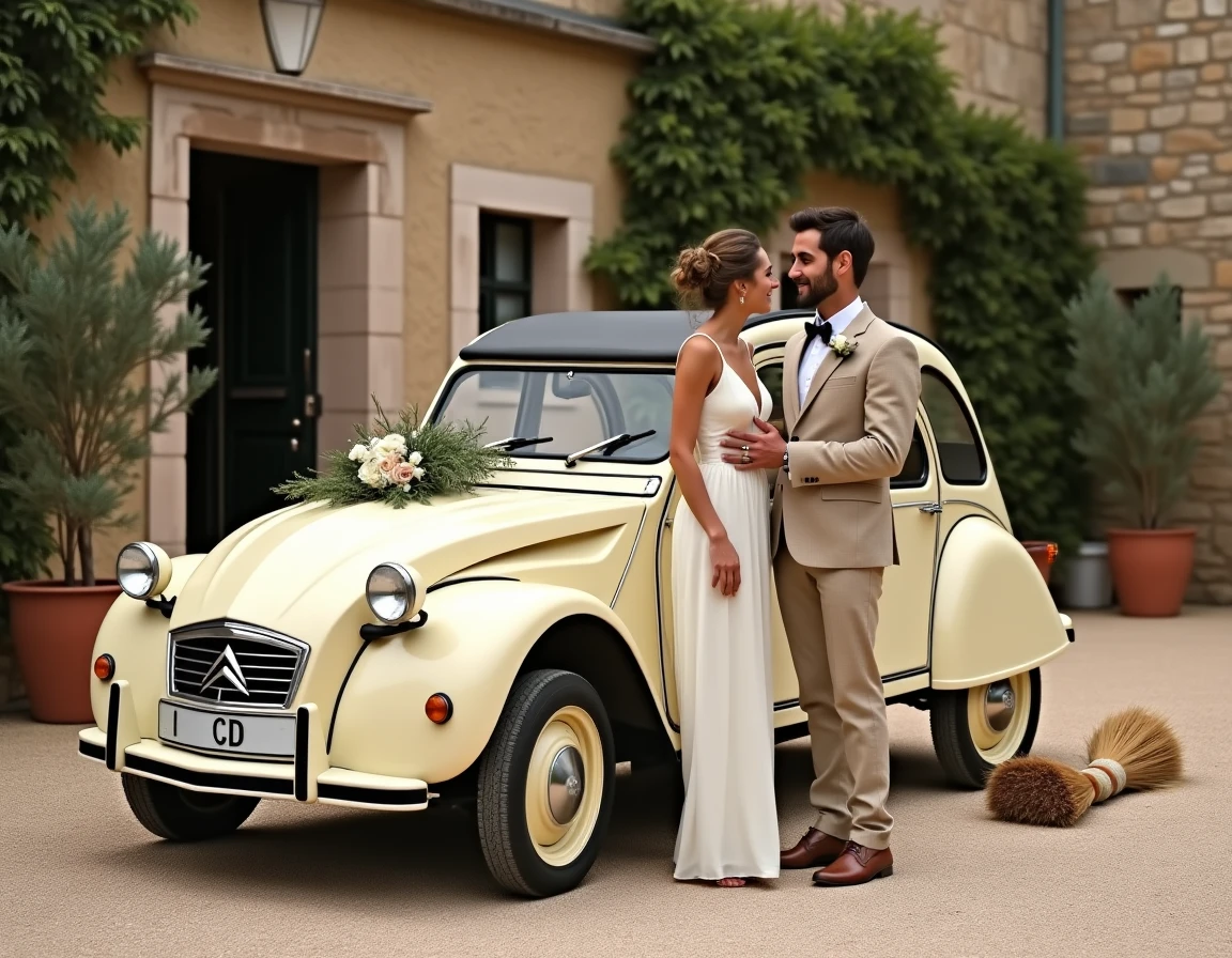 Couple de mariés devant une 2CV décorée d'un balai écologique en herbes de la pampa et romarin dans une cour de ferme en pierre