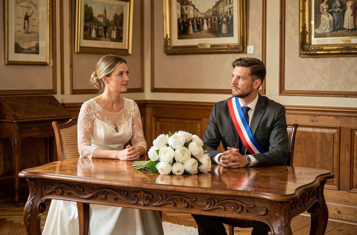Couple de mariés écoutant le discours de la maire lors d'une cérémonie de mariage civil dans une salle municipale