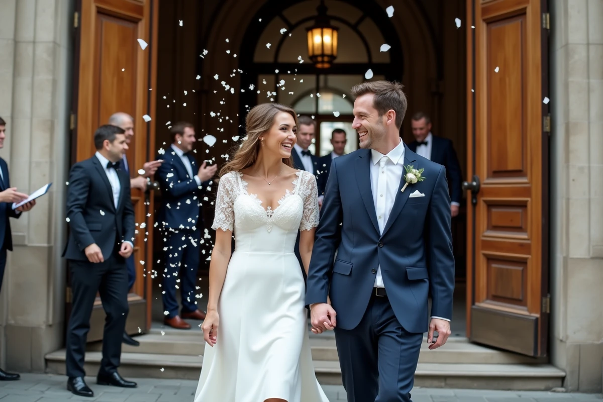 Couple de mariés sortant d'une mairie sous les confettis, mariée en robe courte sur mesure et marié en costume bleu marine