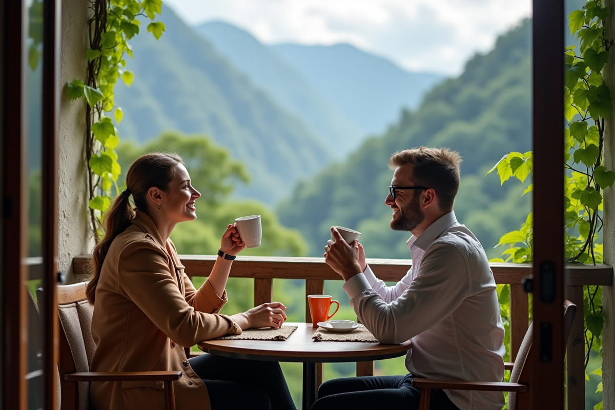 Jeune couple en voyage sur un balcon avec vue montagne
