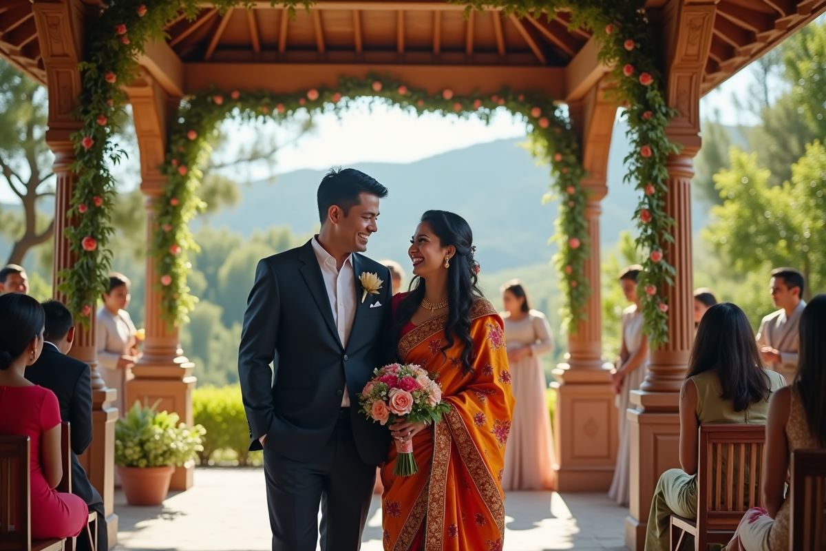 Couple multicolore lors d une fête de mariage en plein air