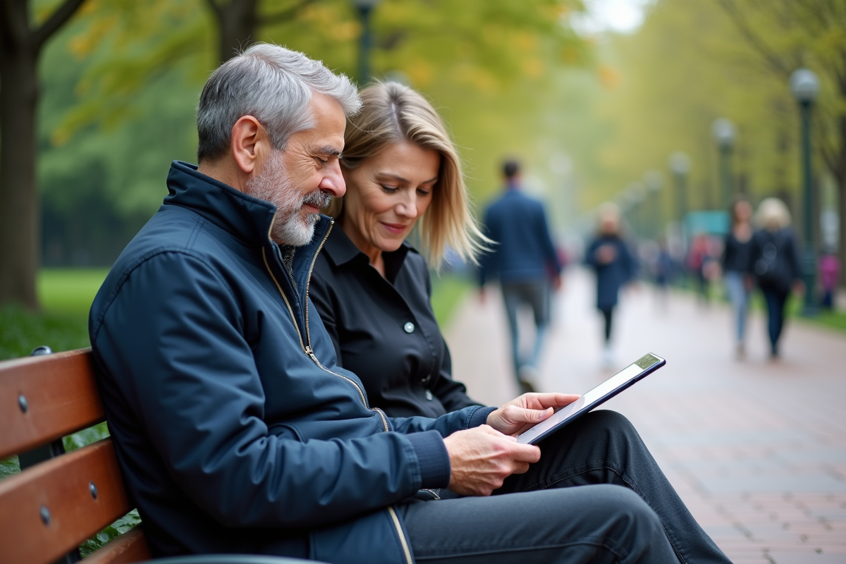 Couple au parc regarde une tablette