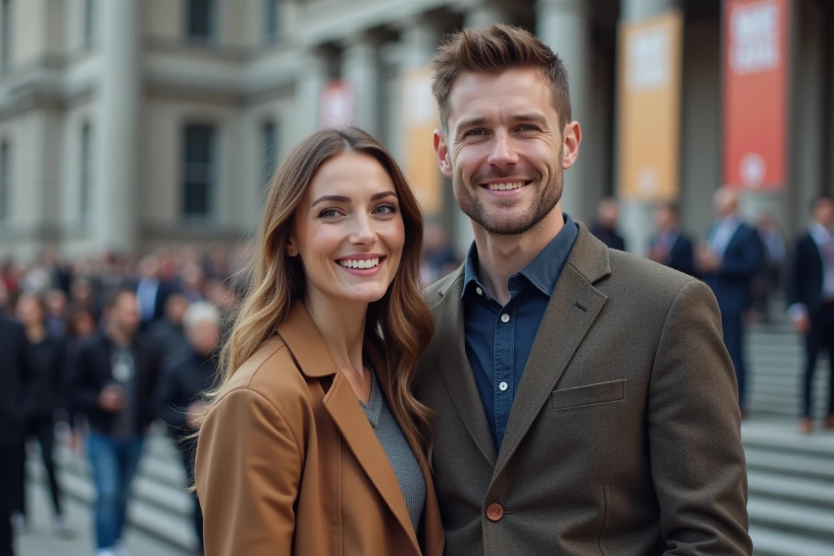 Couple lors d'une cérémonie officielle en extérieur devant un bâtiment public, photo posée et formelle