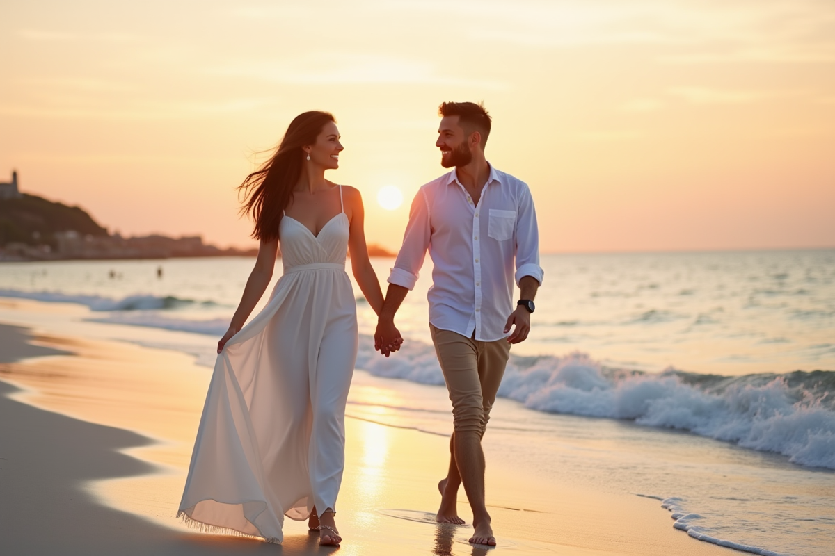 Couple main dans la main sur la plage au coucher de soleil