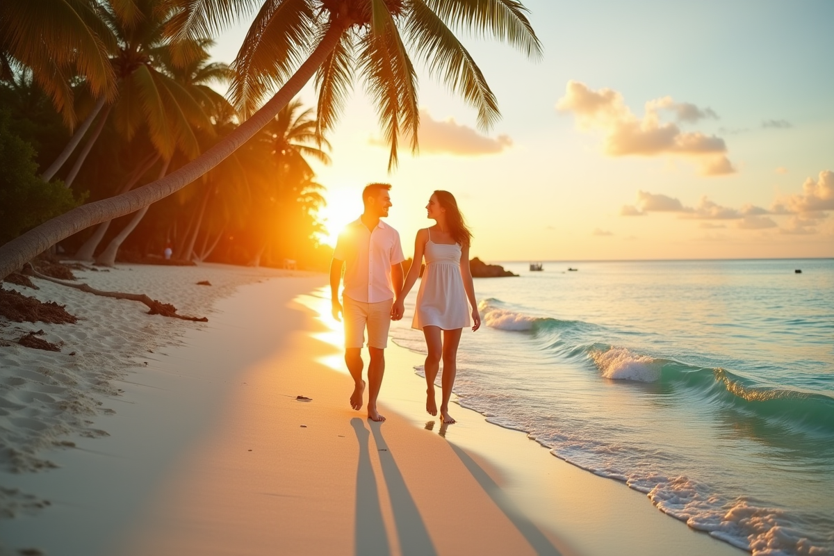 Couple marchant sur une plage de sable blanc aux Maldives au coucher du soleil