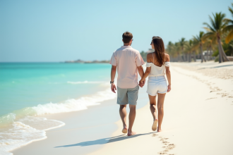 Jeune couple marchant sur la plage de sable blanc en vacances