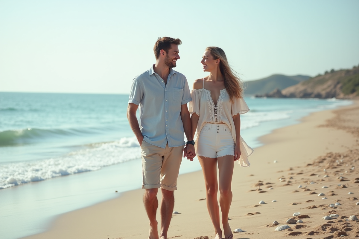Jeune couple souriant sur la plage en été