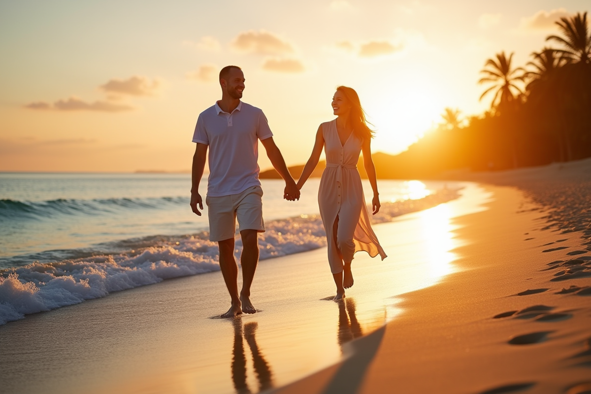 Couple heureux marchant sur la plage tropicale au coucher de soleil