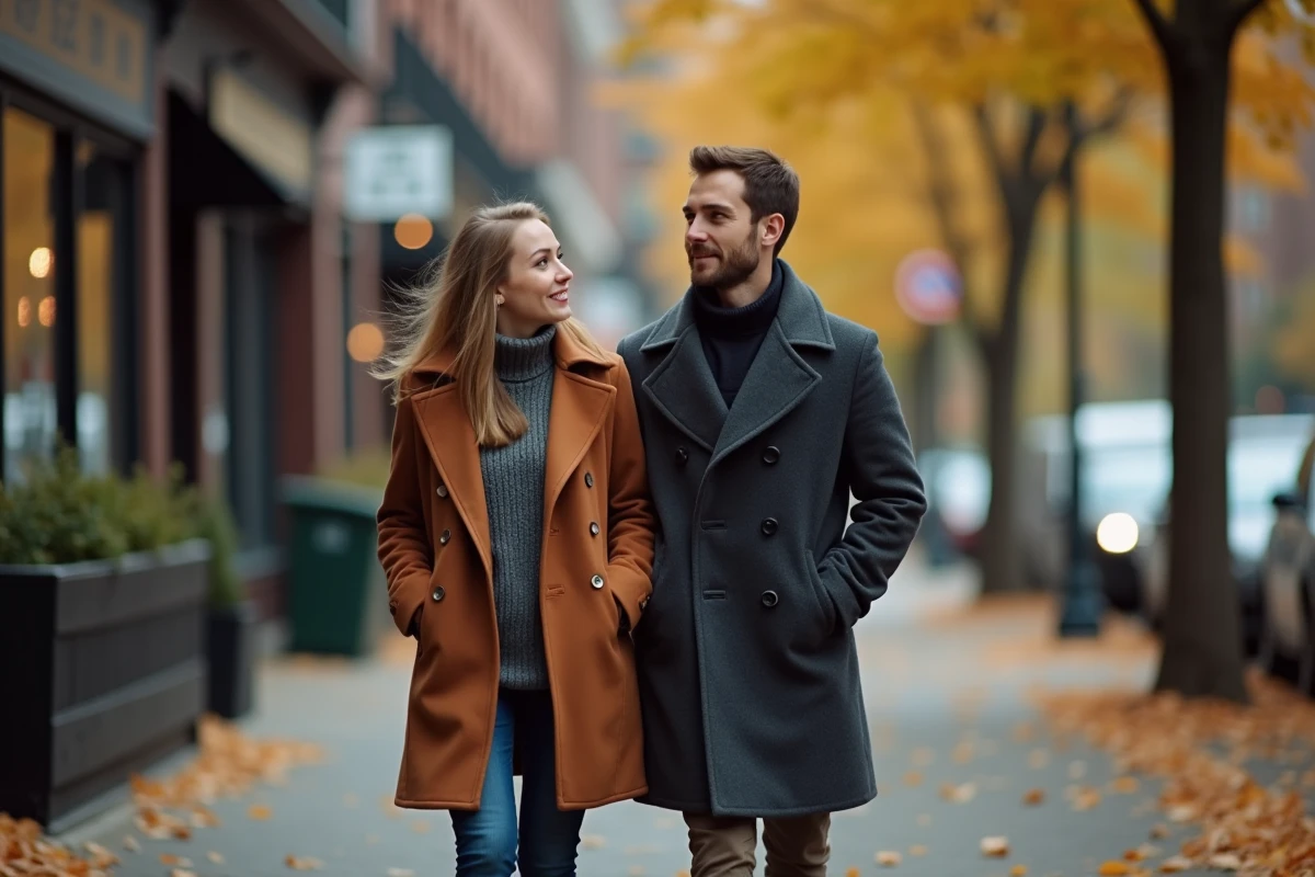 Couple marchant côte à côte en automne en ville, représentant les non-dits et les attentes mutuelles dans une relation sentimentale