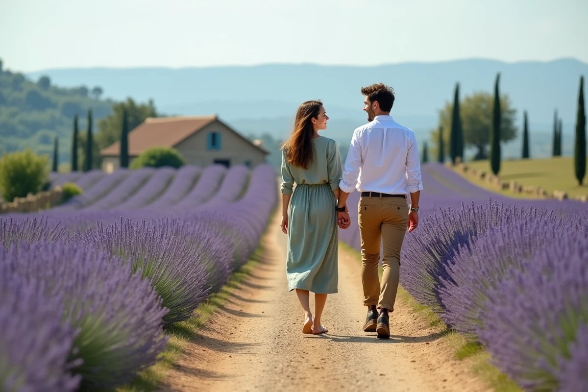 Couple se promenant main dans la main dans un champ de lavande en Provence, symbole de leur complicité