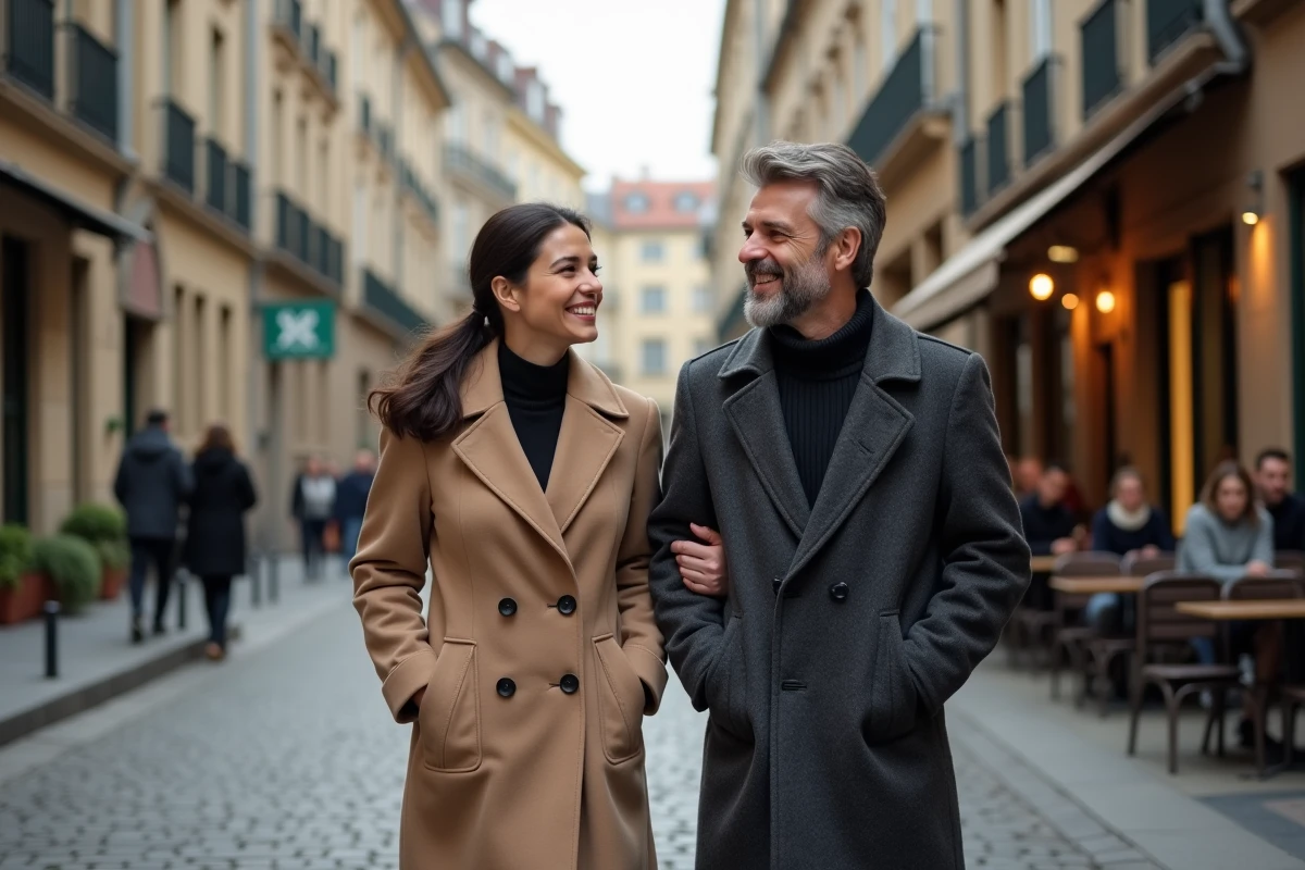 Couple se promenant dans une rue pavée européenne, évoquant une relation solide et épanouie loin des projecteurs