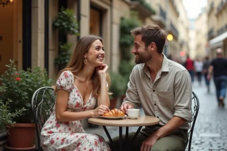 Couple complice partageant un café en terrasse parisienne, évoquant les débuts d'une histoire d'amour